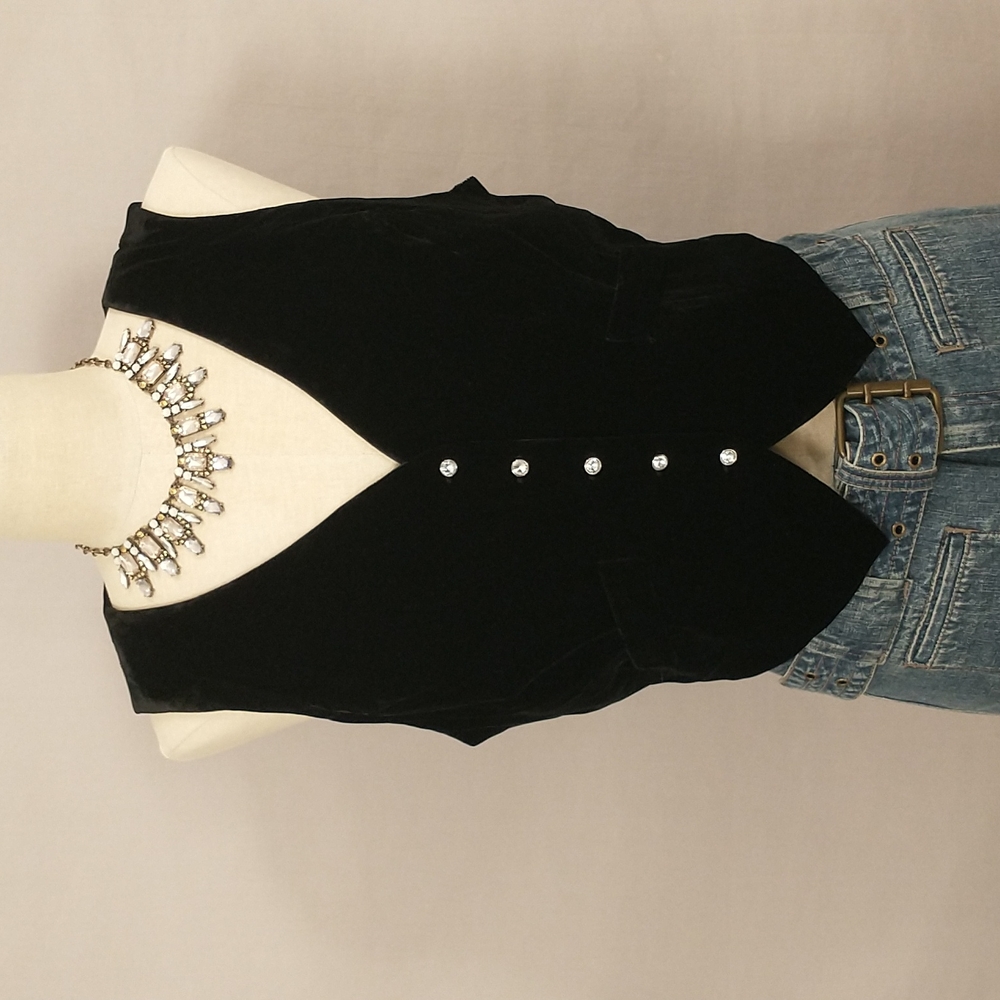 Black Velvet Vest Silk Blend Rhinestone Buttons NWT Shirt Waistcoat High Quality